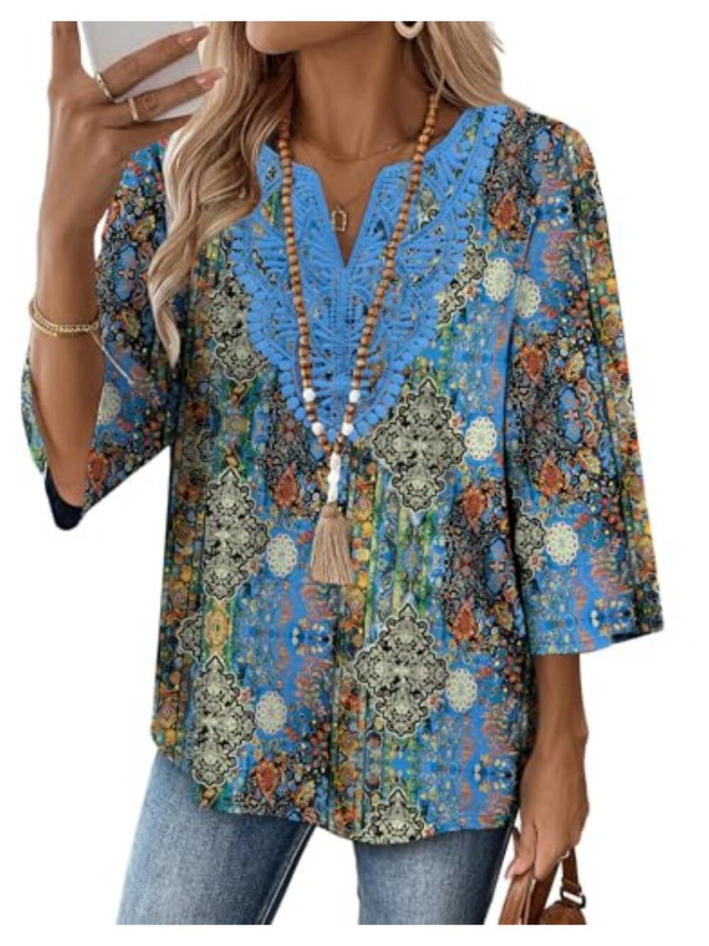 Womens Boho V Neck Lace 3/4 Sleeve Tunic Blouse Casual Top